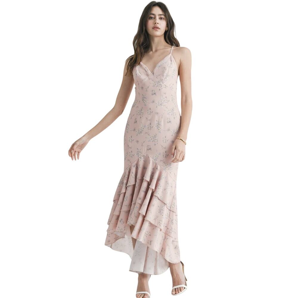 Mable Ashbury Floral Ruffle Midi Dusty Pink Wedding Guest Brunch Dress Small NEW